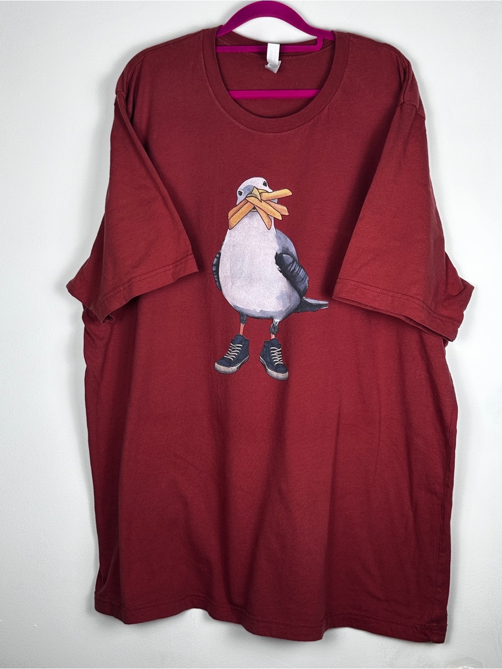 Funny Seagull With French Fries Graphic T-Shirt Size 3XL Burgundy Bella Canvas